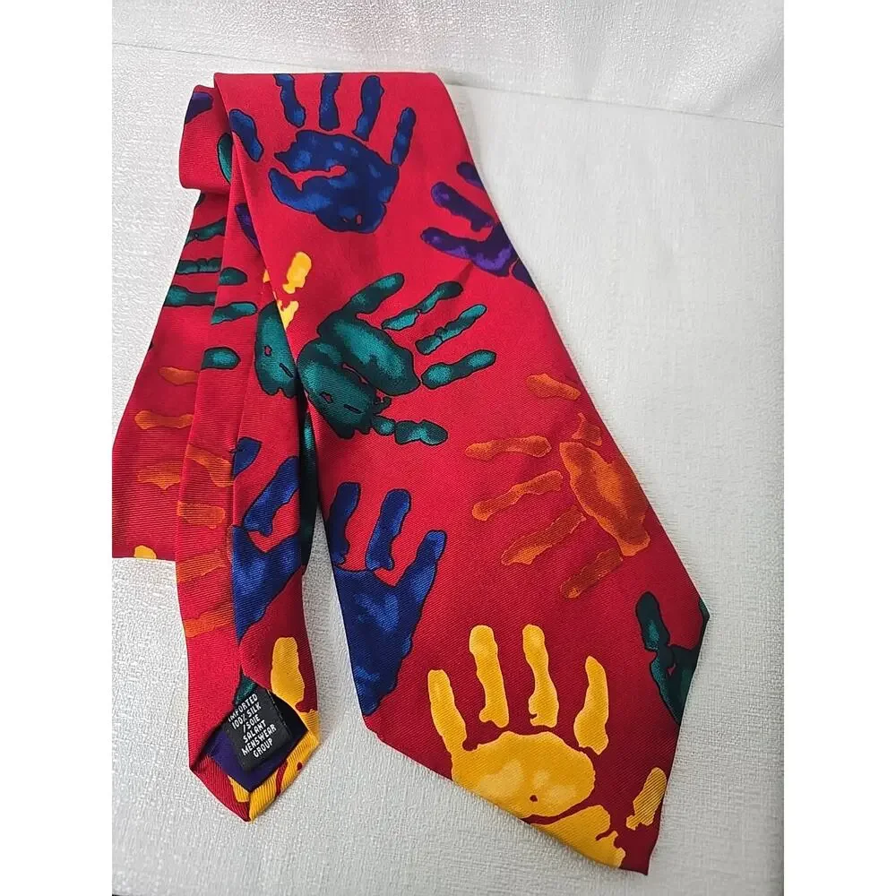 Vintage Red Save The Children 'Lend A Hand' 100% Silk Handprint Neck Tie Rare